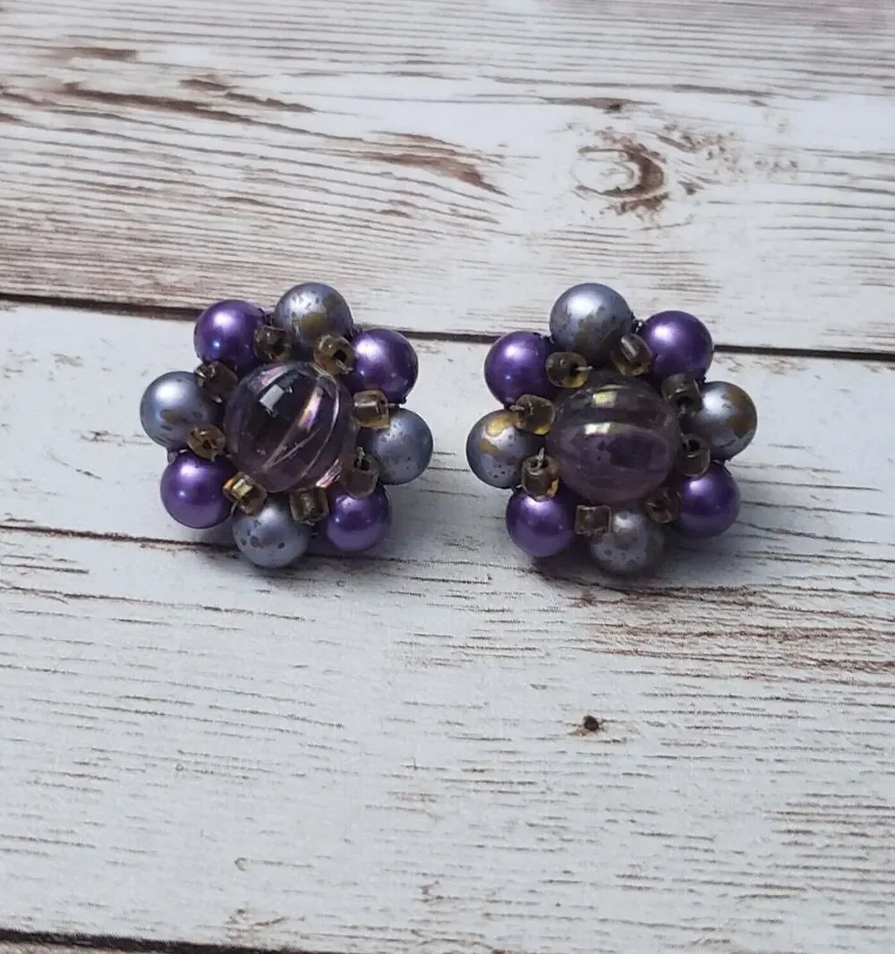 Vintage Clip On Earrings - Violet, Blue & Bronze Tone Cluster